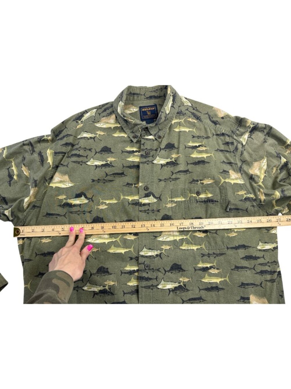 Vtg Woolrich Sz 2XL Fish Print Button Up Shirt Long Sleeve Green Coastal Retro - Picture 7 of 9